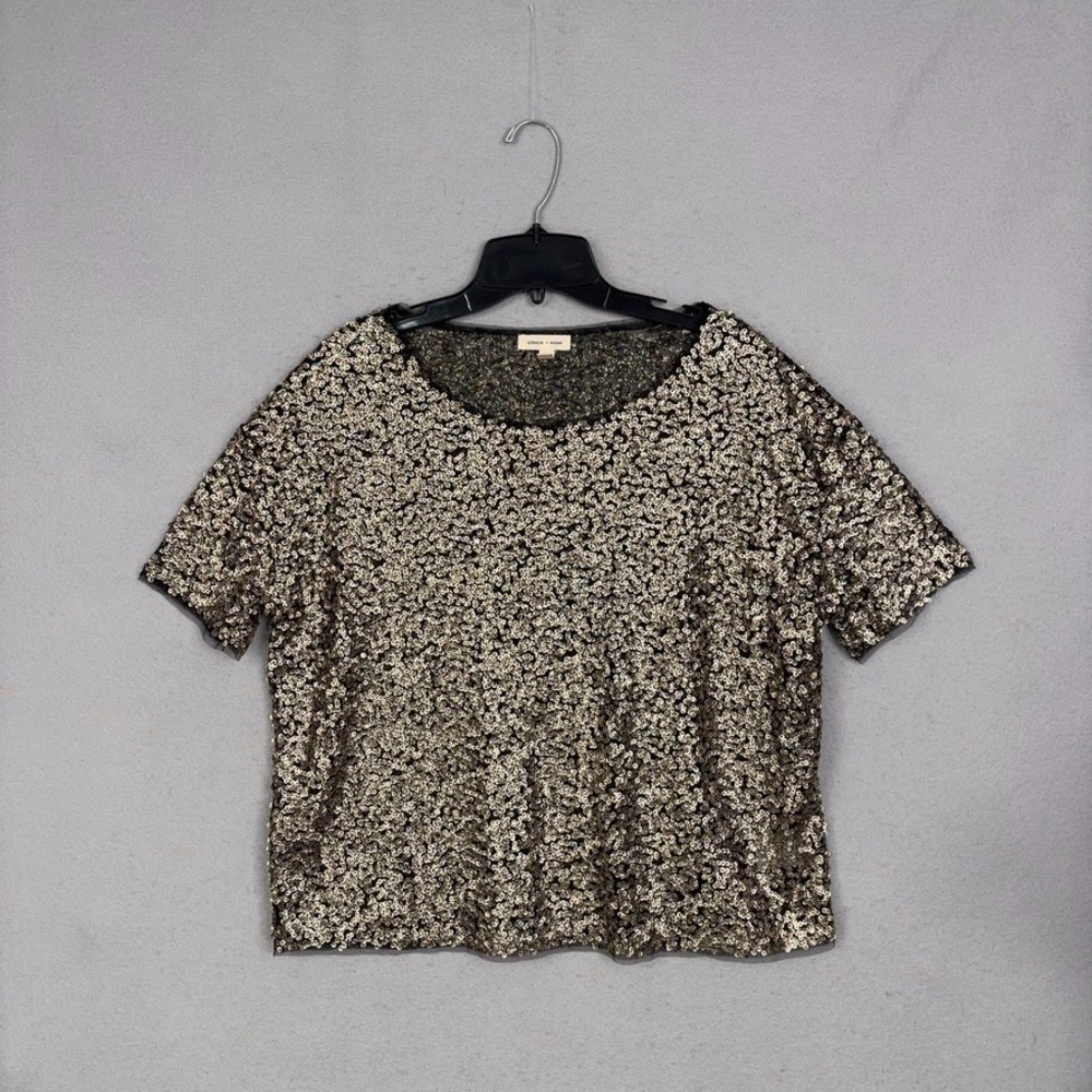 Silence + Noise Top Womens XS Gold Sequin Short Sleeve Party Glam Night Out